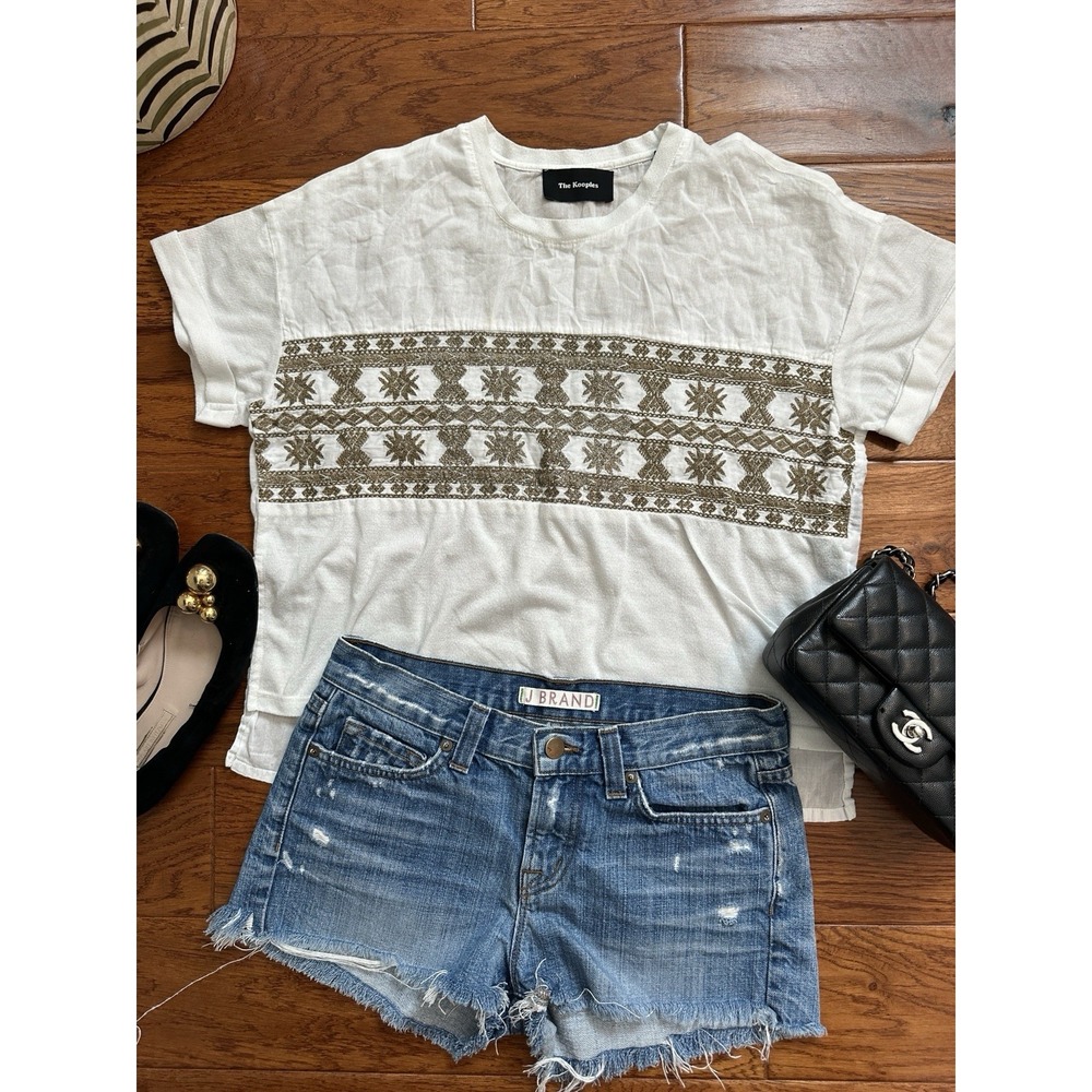 The Kooples Size 2 M White Cotton Gold Embroidered Boho Crewneck T-Shirt Top